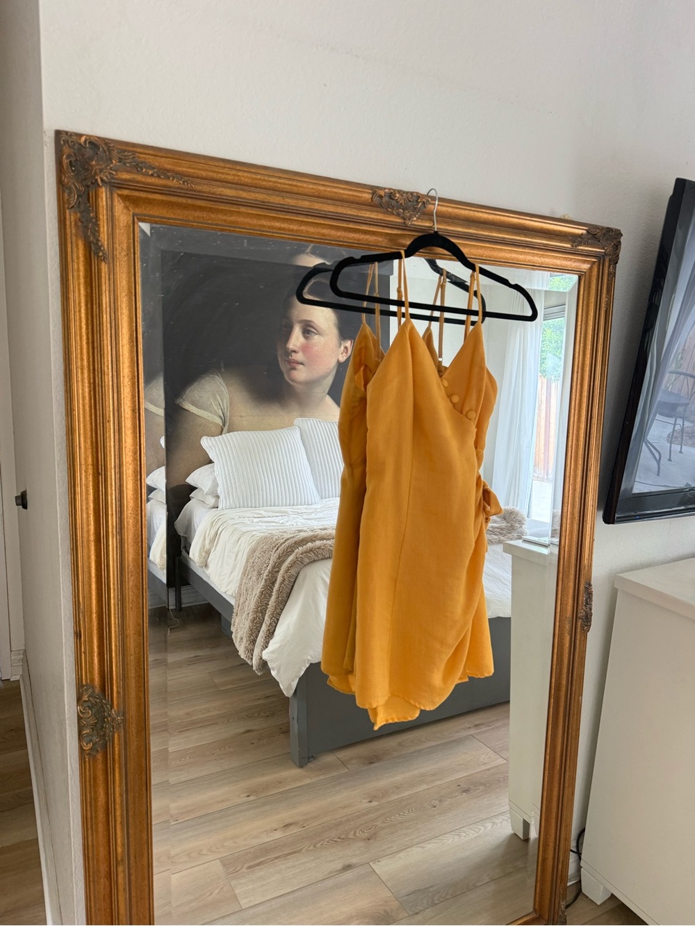 Moon River Mustard Mini Dress with Spaghetti Straps.